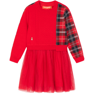 暇步士童装女童裙子秋冬新款中大童国风长袖连衣裙儿童网纱长袖裙