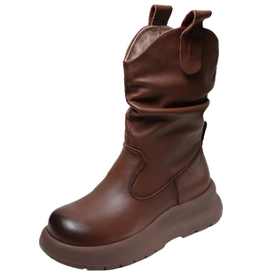 巨舒服~真皮中筒靴褶皱牛皮马丁靴女新款时尚堆堆靴坡跟加绒女靴