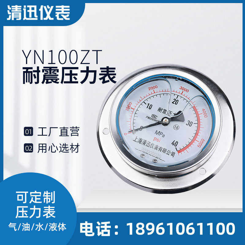 YN100ZT轴向带边耐震压力表0-0.6/1/1.6/4/16/25/40Mpa表盘固定式