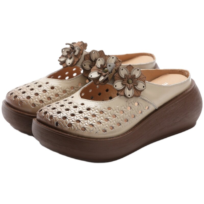 软底真皮厚底松糕鞋凉拖鞋