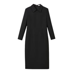 朗姿气质小黑裙修身冬季新款设计感衬衫领收腰显瘦中长款连衣裙