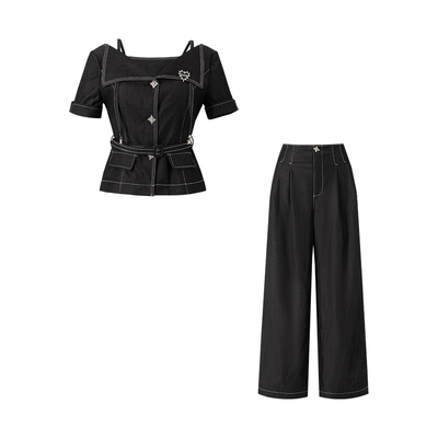 姜素恩黑色一字领短袖上衣套装女