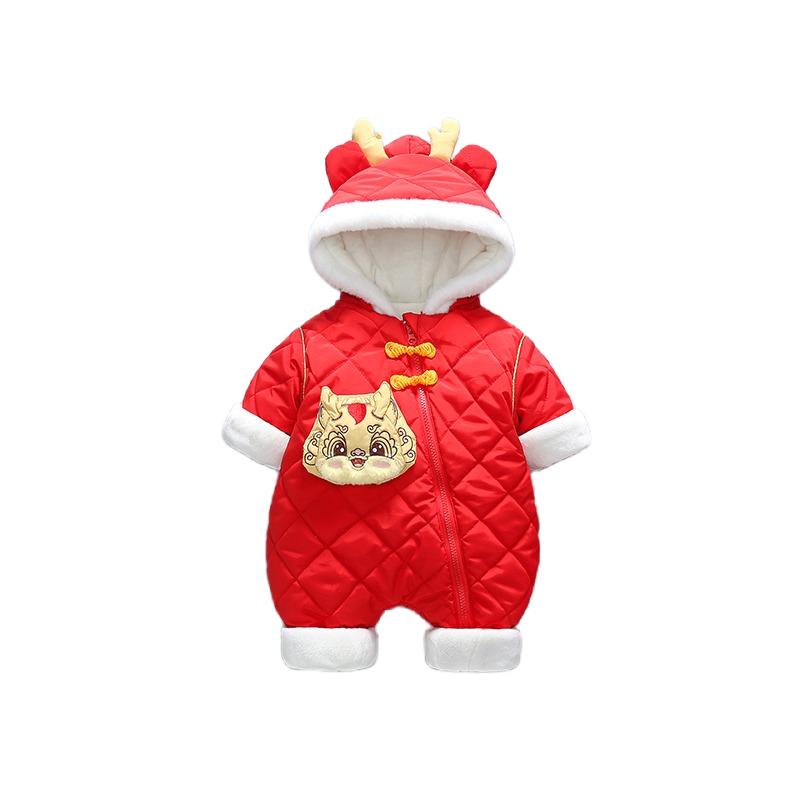 新年宝宝衣服新年过年拜年服福娃年喜庆婴儿连体衣新生儿冬装红色