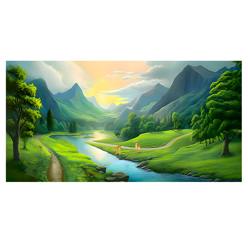 聚宝盆流水生财壁画青山绿水福鹿现代装饰画