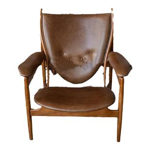 法式复古主人酋长椅实木真皮椅子单人客厅休闲椅设计师中古沙发椅