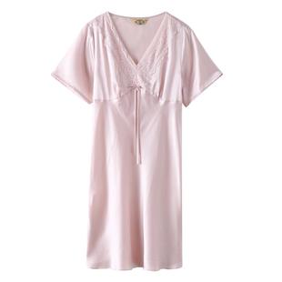美标重磅真丝短袖睡裙女夏丝绸睡衣性感蕾丝100%桑蚕丝凉感家居服