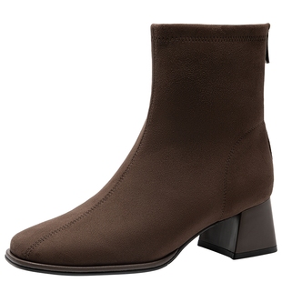 千百度粗高跟弹力袜靴女2025冬季新款绒面通勤时装靴加绒保暖短靴