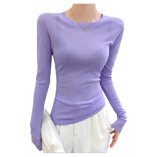 紫色微透薄款网纱长袖打底衫女秋冬蕾丝内搭冰丝修身t恤透视上衣