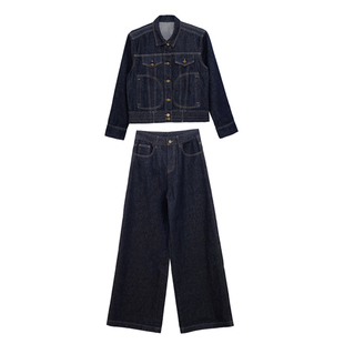 荒荒家原色牛仔套装2026春秋新款深蓝色衬衫夹克外套阔腿裤两件套