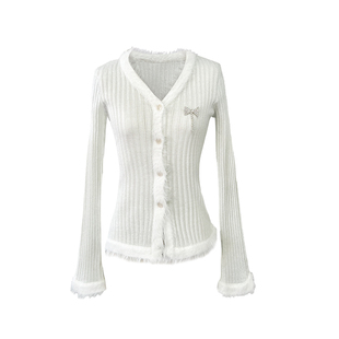 SainteYunne上与原创冬日千金毛绒拼接v领毛织开衫WT365