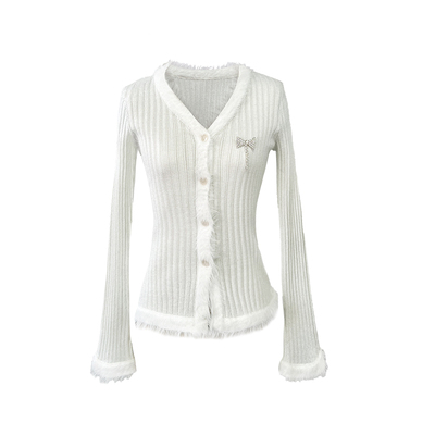 针织衫毛绒拼接v领针织开衫