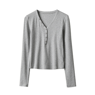 竹节优可丝木纤维 女士V领扣打底衫 长袖T恤纯色上衣 春秋款 女装