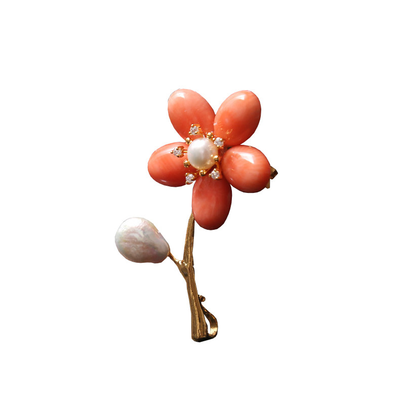天然珍珠绿玉一枝花真金胸针吊坠