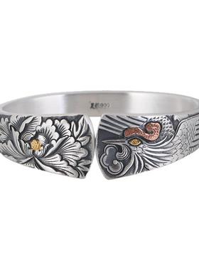 S999足银古朴优雅民族风凤凰牡丹复古做旧手工金银错宽版女款手镯