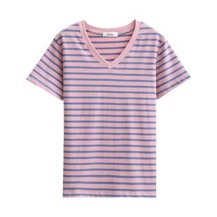 纯棉短袖t恤女宽松显瘦上衣2025年夏季新款中年妈妈半袖条纹小衫