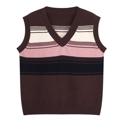YUZI条纹针织背心马甲复古学院风