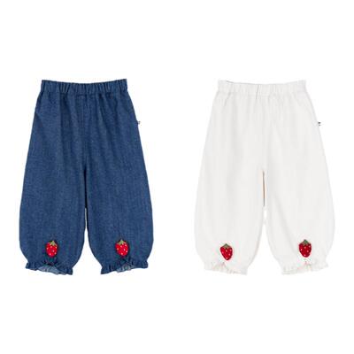 幼歌秋季可爱草莓花边裤脚牛仔裤