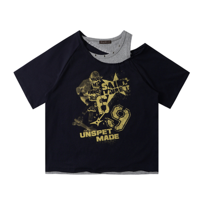 假两件宽松撞色印花露肩辣妹上衣