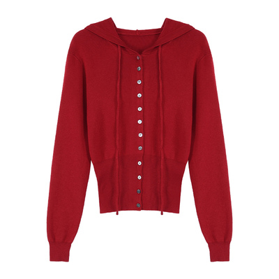 pusumede 利兹周末 基础灰色连帽针织开衫毛衣女修身显瘦收腰上衣