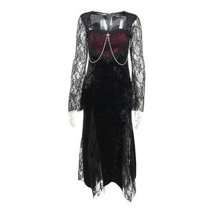 万圣节服装哥特风暗红色蕾丝连衣裙女复古cos吸血鬼丝绒鱼尾裙子