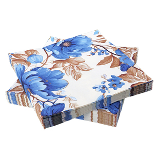 三层蓝色欧式花朵印花餐巾纸酒店婚礼婚宴香槟金口布彩色纸巾50张