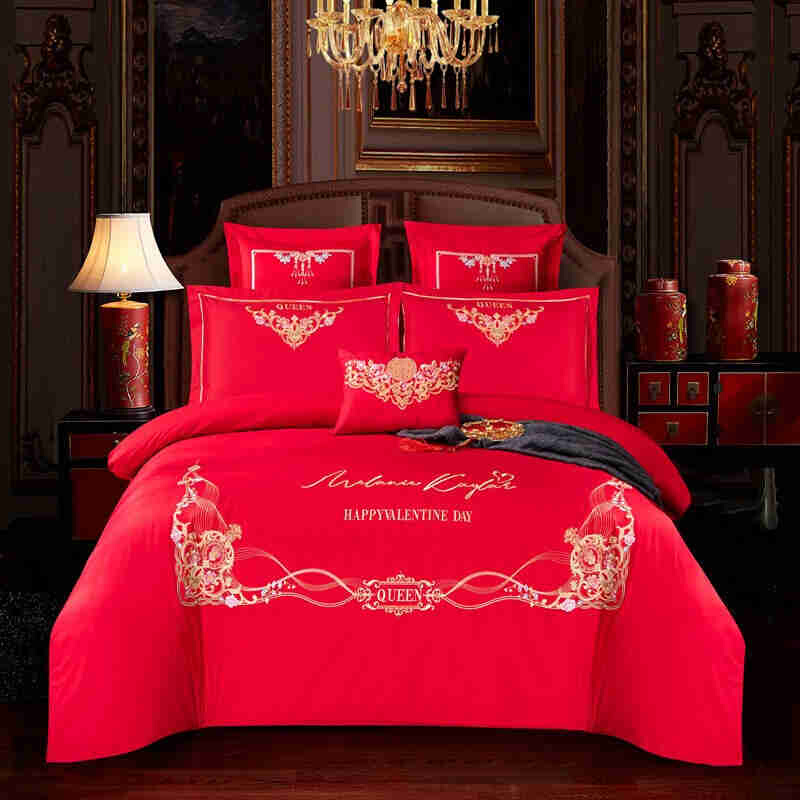 云上舒婚庆四件组结婚床上用品全棉N大红色床单被罩秋冬加