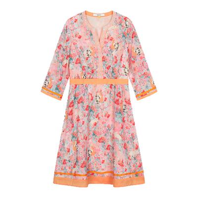 tanni淑女浪漫优雅收腰撞色钻饰织带中袖印花连衣裙TO31DR150A