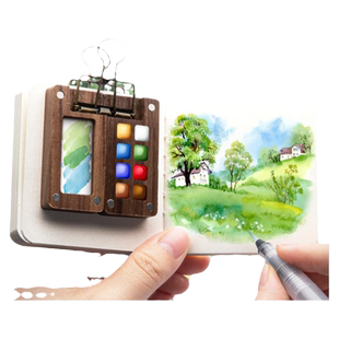迷你水彩颜料胡桃木盒随身便携手账本写生旅行绘画画本调色小画板套装12色涂色固体水彩分装水彩画套装全套