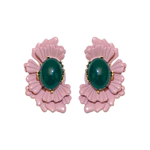 新中式复古海棠花古典耳钉粉绿花朵不对称宫廷风中古耳环配饰品女