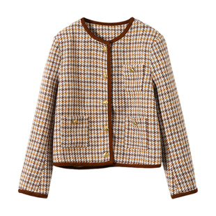 淘么淘 法式轻社交 小香风复古千鸟格纹拼灯芯绒镶边短外套上衣女