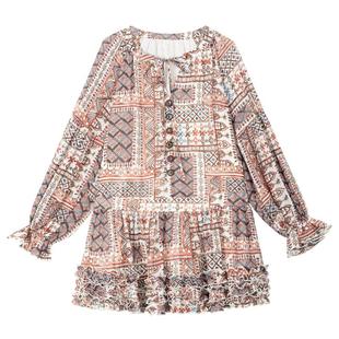 KEIKO波西米亚风长袖连衣裙秋季异域风情出游度假褶花A字雪纺裙子