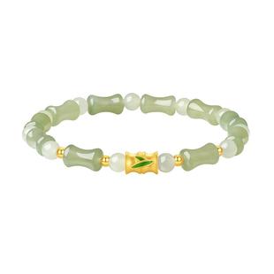 周大生黄金镶玉手串女足金和田玉珠子竹节珐琅手链送女友新年礼物