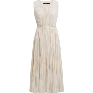 红袖商场同款HOPESHOW2025秋新款女装不规则压皱无袖圆领连衣裙