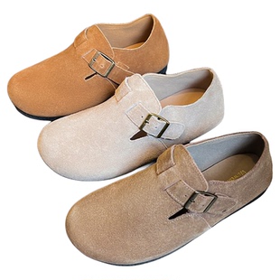 米霏~真皮勃肯鞋女冬季平底2026新款全包加绒棉鞋一脚蹬大码女鞋