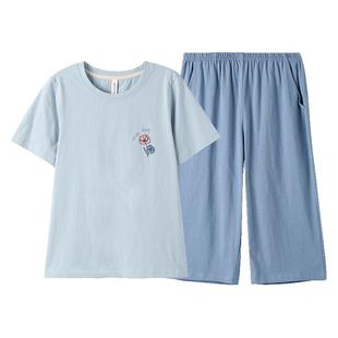 芬腾夏季短袖睡衣女纯棉薄款七分裤套头宽松韩版清新家居服两件套