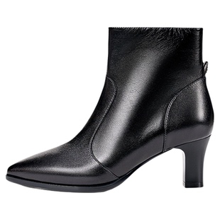 LINGMEICHEN黑色真皮短靴尖头粗跟羊皮加绒靴白色靴子高跟鞋皮靴