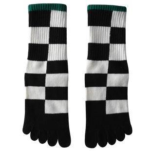 内田秋季格子脚趾无缝一体脚趾袜子中筒棉质五指袜女高帮学院风