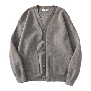 秋冬新款开衫毛衣美式复古休闲轻熟慵懒风V领针织衫男装纯色外套