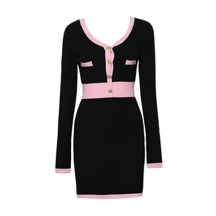 DPLAY秋季新款黑色连衣裙女修身法式气质短款针织裙子长袖