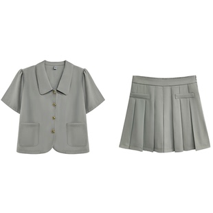 大码女装胖mm甜美减龄短款西装外套高腰百褶裙裤休闲套装女31792