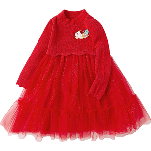 巴拉巴拉女童连衣裙红色新年拜年服儿童裙子秋冬季新款宝宝公主裙