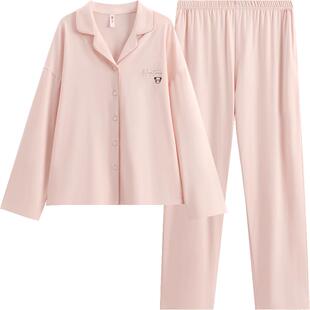 芬腾女士长袖睡衣纯棉翻领开衫春秋季大码全棉女款休闲家居服套装
