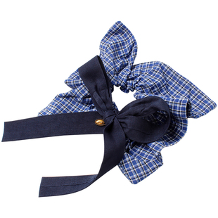 韩式蓝色格纹方巾发圈复古牛仔大肠发圈女慵懒风低丸子头发绳皮筋