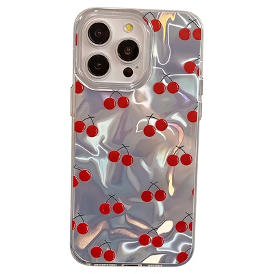 All-Over Red Cherries Case 适用 iPhone 13/14/15 Pro Max –Minimalist Hard Cover Water Ripple Texture