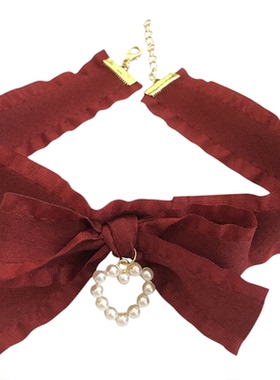 圣诞新年choker颈链项链酒红丝带爱心珍珠甜美可爱2023年新款饰品