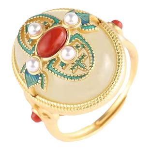 国潮宫廷风珐琅玉石戒指女鎏金仿珍珠南红白玉指环可调节故宫饰品