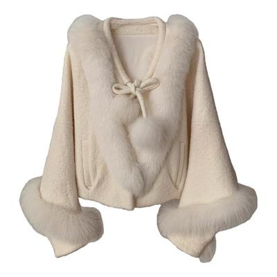 可爱风小个子粗纺毛呢外套皮草女