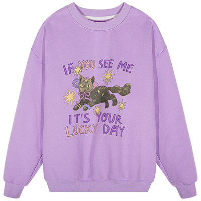 落落狷介宽松印花紫色卫衣女