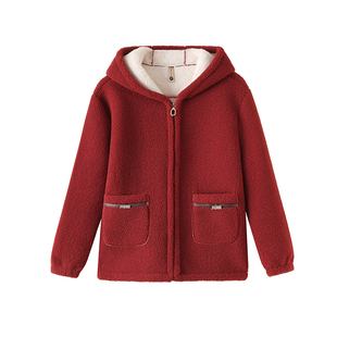 妈妈冬装颗粒绒连帽外套中老年女装气质加绒加厚棉衣保暖短款棉服