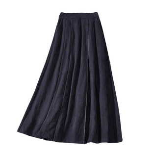 晓天 秋冬禅意女装中式国风加厚棉麻绣花高腰大摆半身长裙马面裙